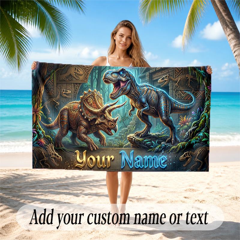 Dinosaur Theme Quick Dry Beach Towel Custom Name Text Print Large Sand Resistant Towel Beach Vacation