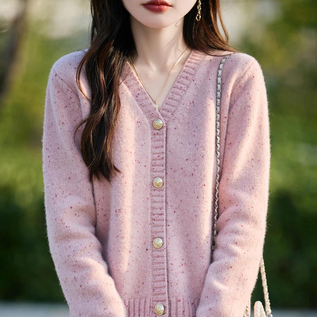Women's Slim-Fit Wool V-Neck Knit Cardigan Sweater with Long Sleeves - Autumn/Winter Style