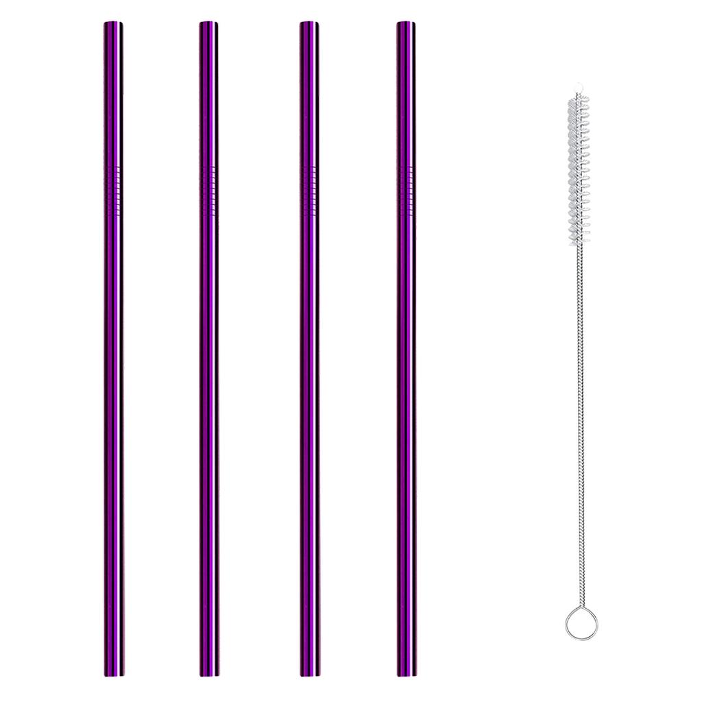 4 Straight Reusable Drinking Straws Metal Stainless Steel Eco-Friendly 10.5in, With 1 Cleaning Brush