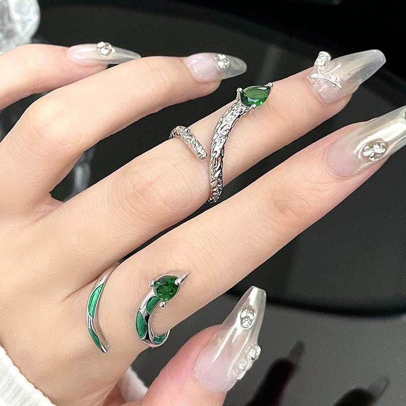 Slytherin Green Snake Joint Ring Niche Design Light Luxury High-End Zircon Dark Wind Open Ring