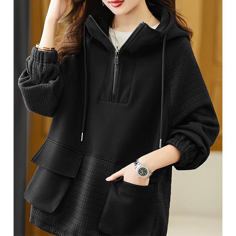 Damtröja Höst och vinter Nytt mode koreanskt temperament Färg Kollision Skarvning Huvtröja med dragkedja Kvinna