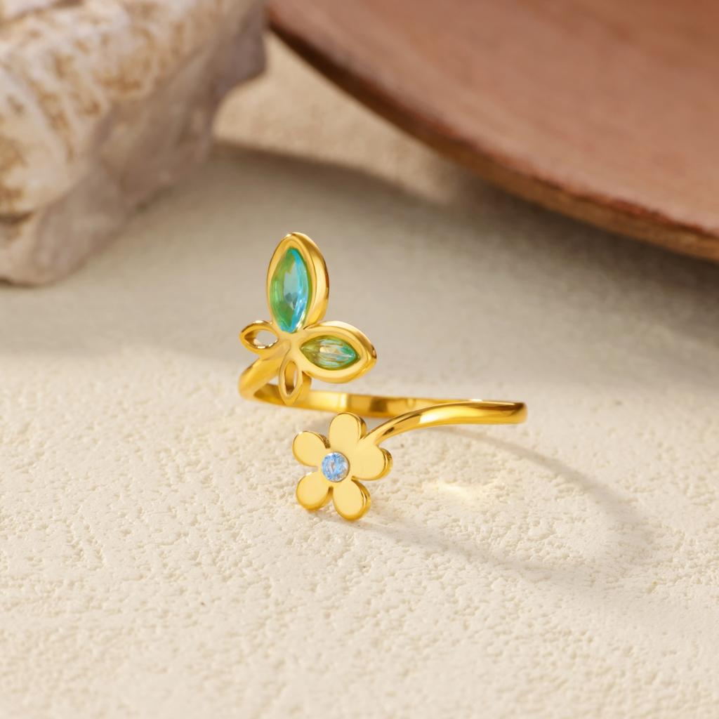 Exquisite Cute Zircon Butterfly Flower Ring For Women Gold Color Adjustable Ring Wedding Electroplated Jewelry Accessories Gift