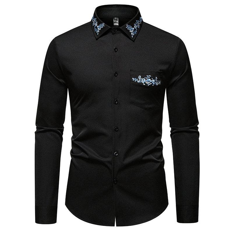 Autumn Fashion Men's Embroidered Design Long Sleeve Shirt High Quality Vintage Luxury Male Casual Social Wedding Party Business