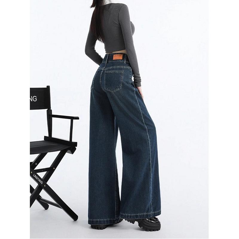 European and American Dark Blue Wide Leg Jeans Women's Spring and Autumn High Waist Loose Drooping Casual Retro Straight Mopping Pants