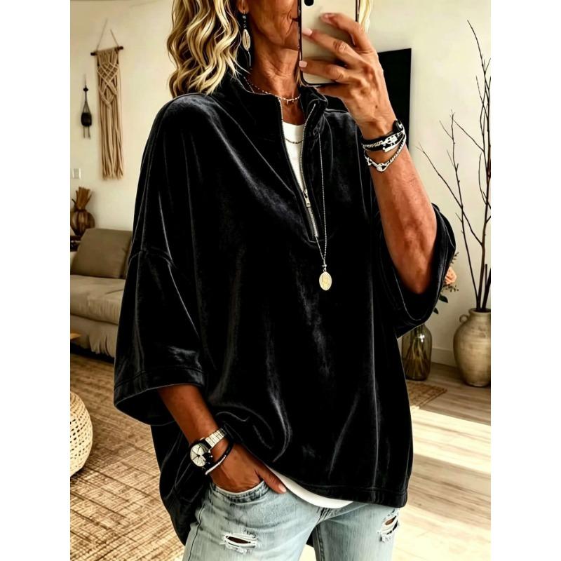 Women Velvet Top V Neck Long Sleeve Loose Fit Soft Fabric