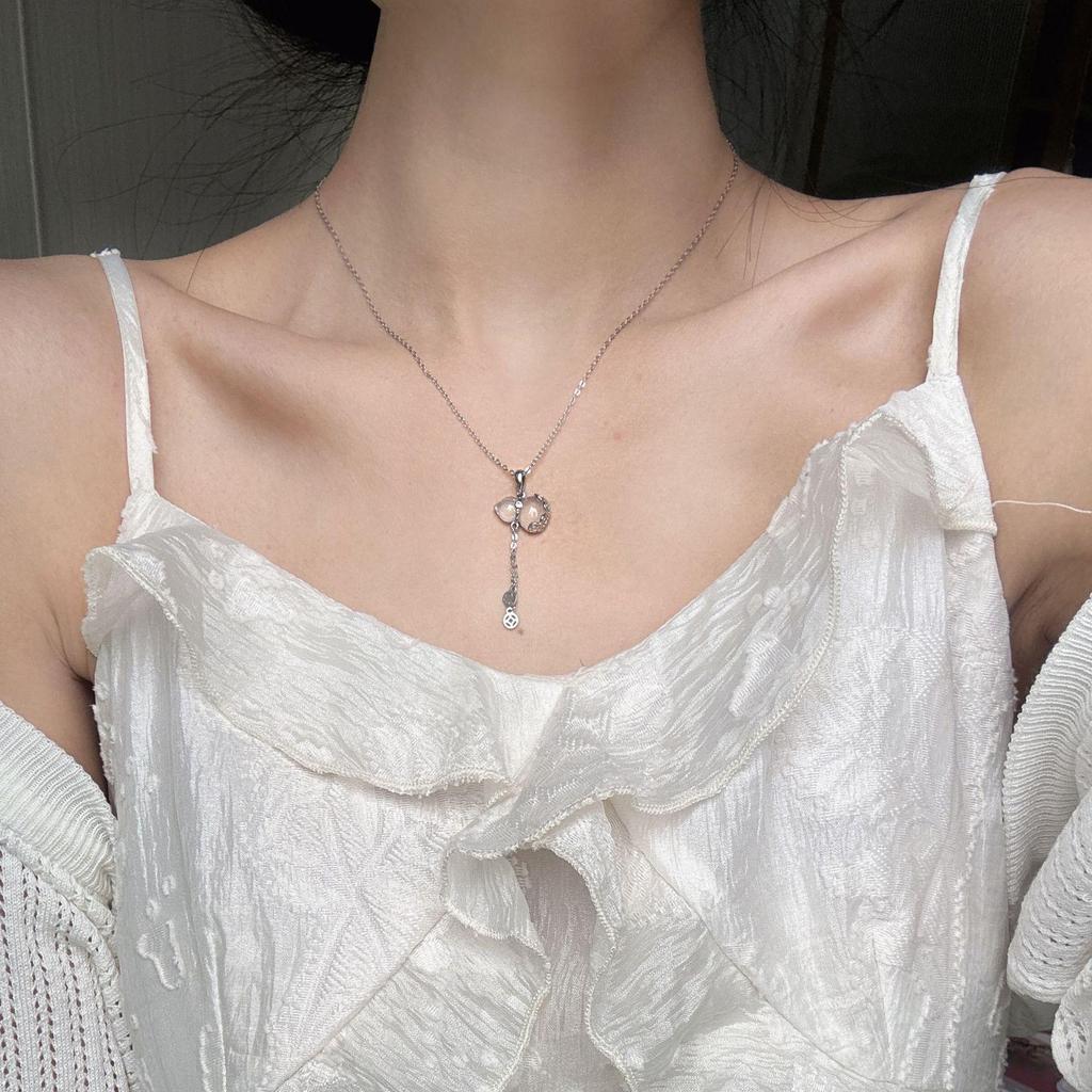 Women's S925 Sterling Silver Tassel Gourd Necklace with Chalcedony - Chinese Style Clavicle Chain