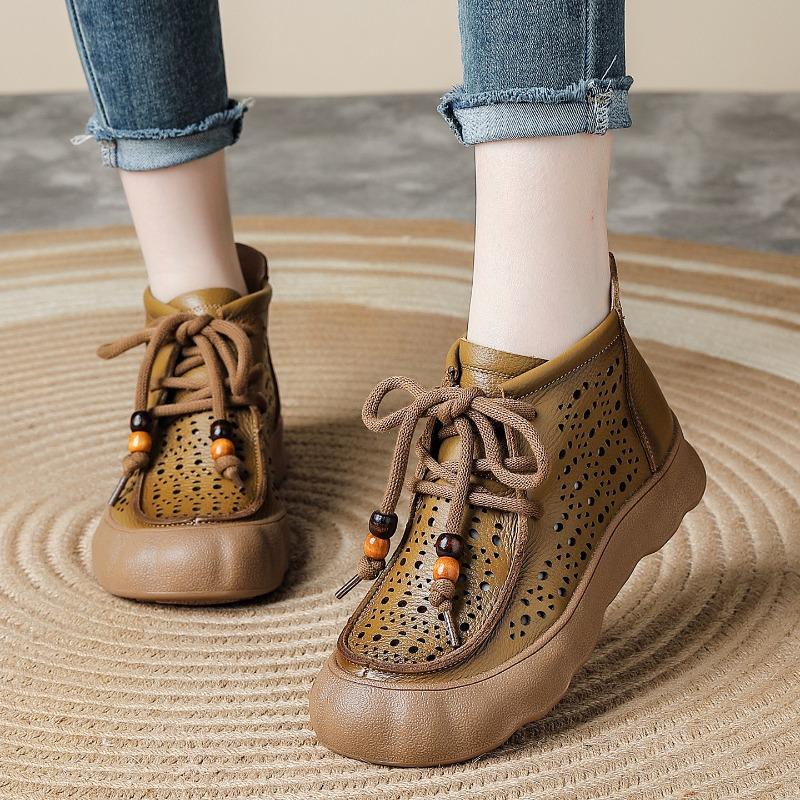 The First Layer of Cowhide Summer Thick-soled Hollow Small Short Boots Retro Breathable Martin Boots Genuine Leather Boots Women's Cool Boots