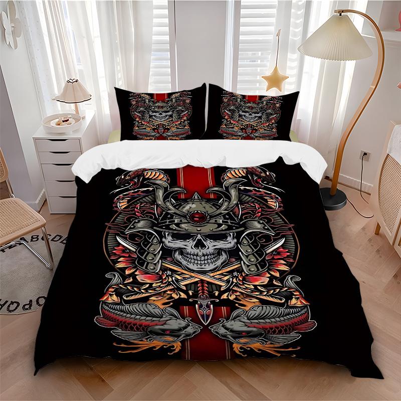 3pcs Anime Samurai Skull Decorative Bedding Set - Includes One Quilt Cover and Two Pillowcases (No Core) - Perfect for Bedroom and Guest Room Decorati