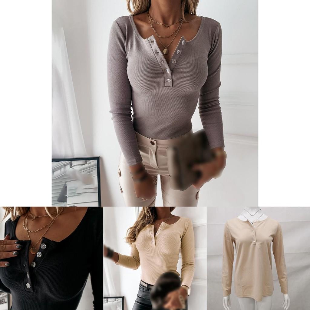 Fashionable Ladies Long Sleeve V Neck Button T Shirt Tee In Solid Colors For Casual Outfits