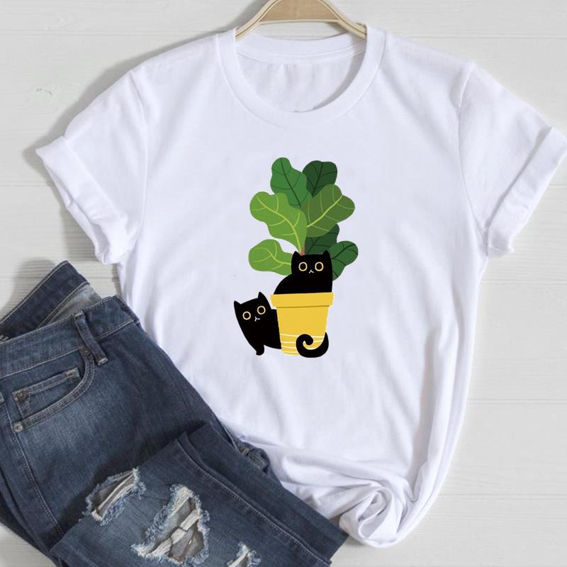 (European Size)Dog Cat Tee Top Fashion T Shirt Casual Paw Watercolor Floral Funny Women Clothing Print Lady Female Short Sleeve Graphic T-shirt