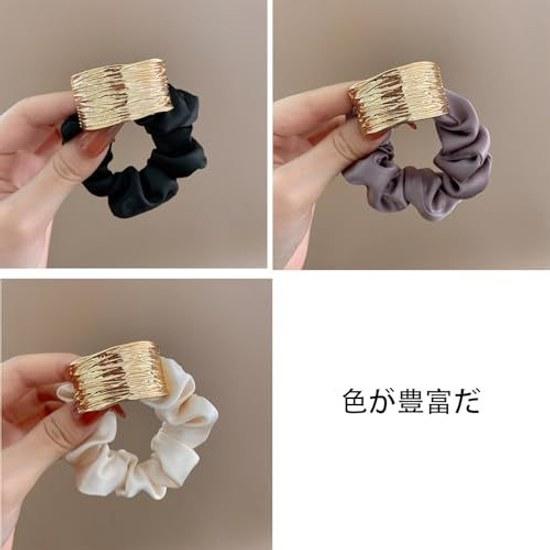LeTradeJP Chouchou Silk Hair Tie 3-piece Set Adult Metal Plate Rubber Stylish Volume Ladies Anti-static Accessory Mature Gift
