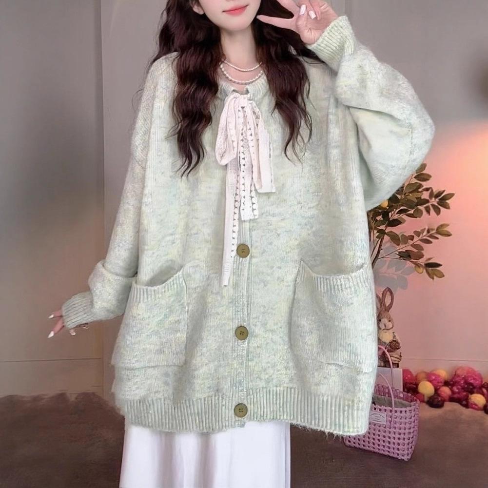 Nadměrný sladký francouzský pletený kardigan - Podzim/Zima 2025 Svetr s mašlí