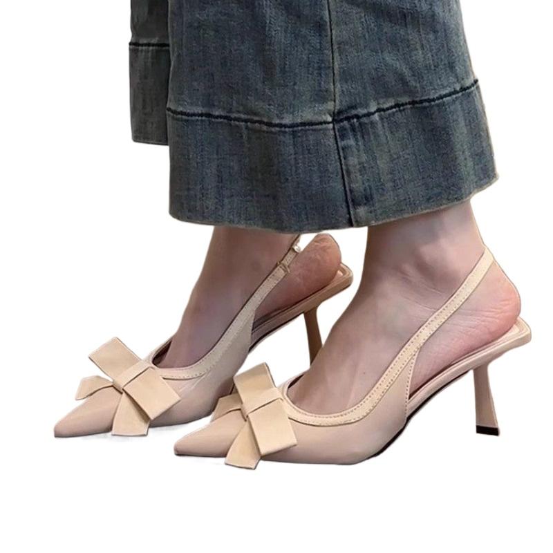 Fashion New Ladies Thin Heel Pointed Toe Slingback Pumps In Black with Elegant Closed Bow for Formal Work Party High Heeled Women Shoes