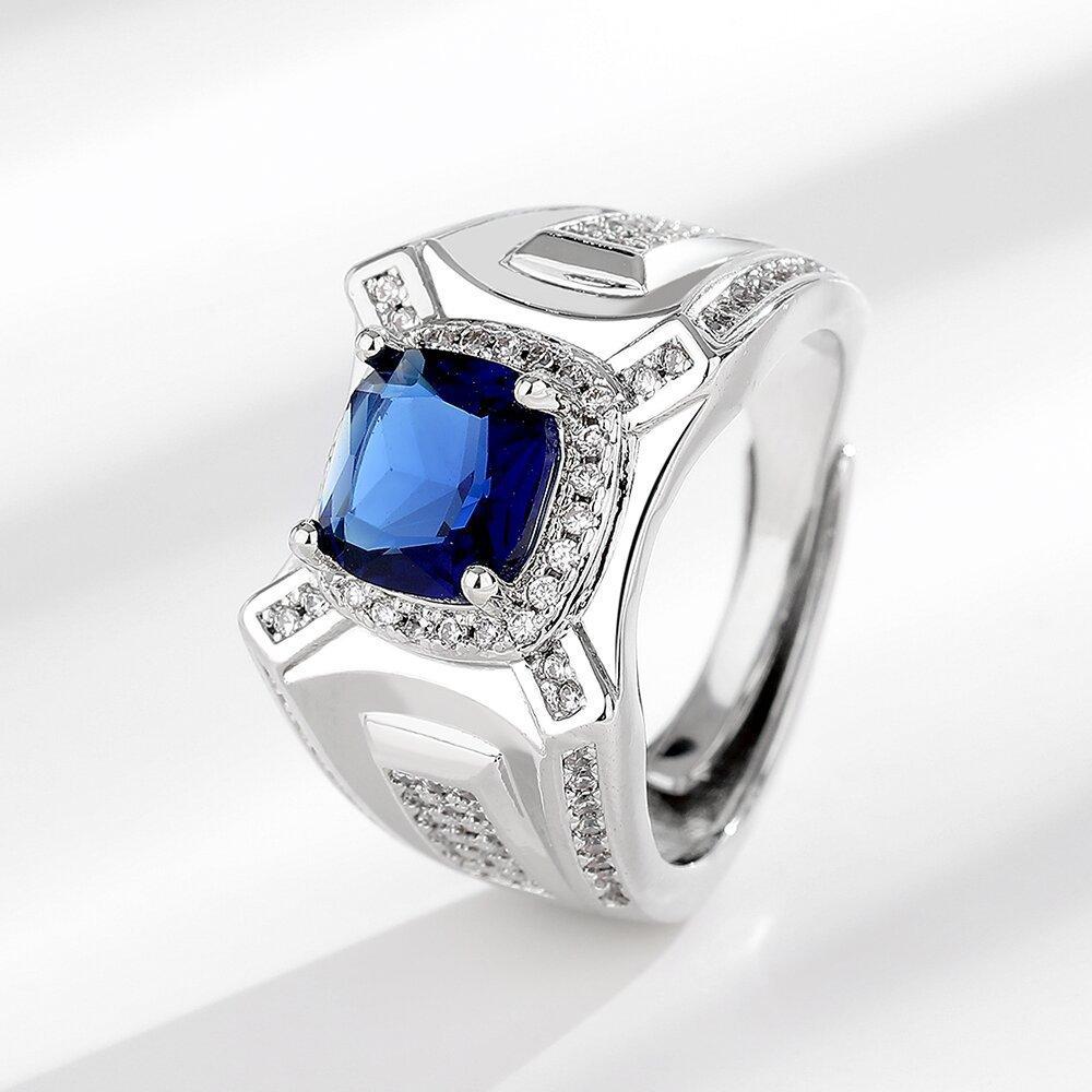925 Sterling Silver Men s Colored Treasure Diamond Ring Imitation Natural Sapphire Men s Ring Tanzanian Boys Ring Ring Size:Adjustable платиновый