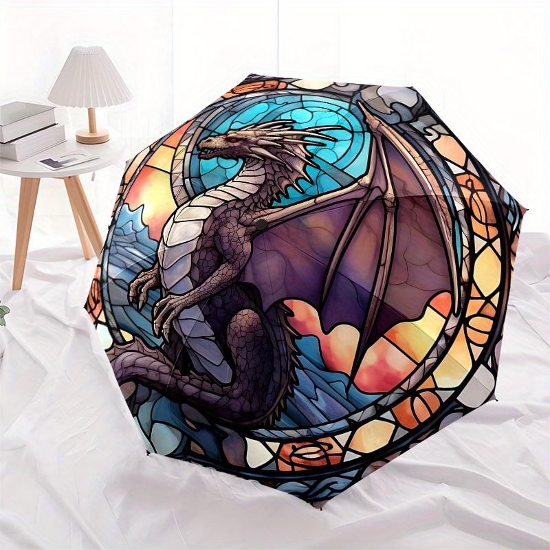Stained Dragon Window Panel: Fantasy Art DecorUmbrella, Portable 3-Fold Compact Umbrella,Christmas Gift ES521