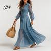 Comfortable Women Dress Faux Denim Maxi Dress, Mesh Patchwork Long Sleeve Button Down Shirt Casual Loose Vintage Summer Versatile