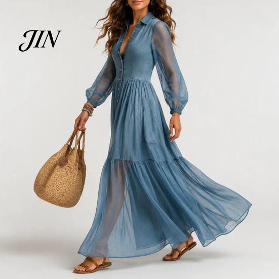 Comfortable Women Dress Faux Denim Maxi Dress, Mesh Patchwork Long Sleeve Button Down Shirt Casual Loose Vintage Summer Versatile