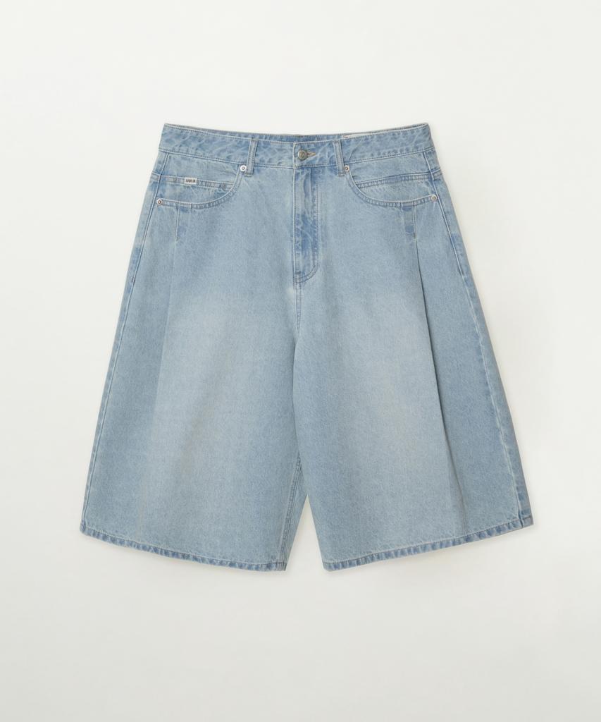 Seteo Pleated Bermuda Washed Denim Shorts Light Blue