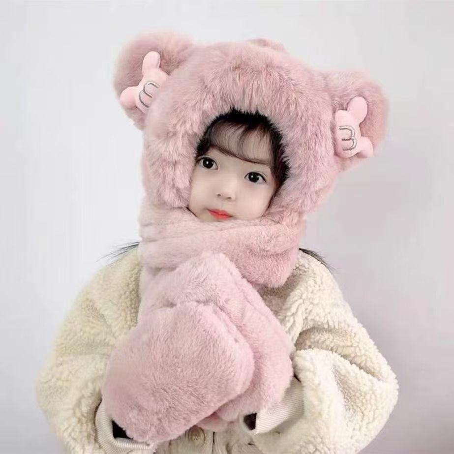Bear hat women's winter three-piece set cute plush hooded scarf integrated warm versatile gloves ear protection scarf