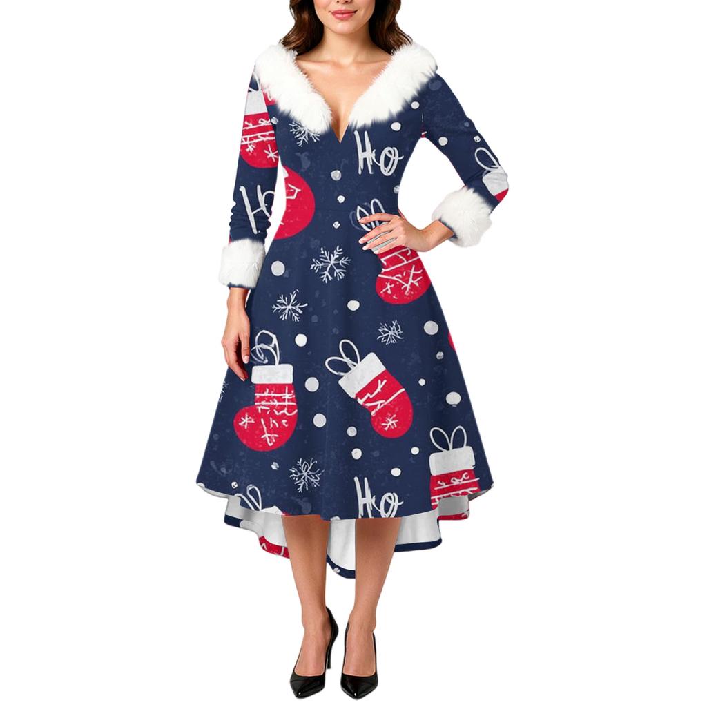 Women's Fashion Elegant Autun And Winter Long Sleeve V-Neck Christmas Print Dress