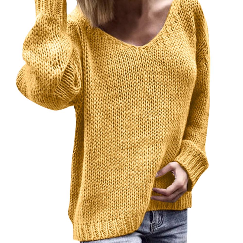Women's Fashion V-neck Long Sleeve  Solid Color Sweaters and Knitted Sweaters