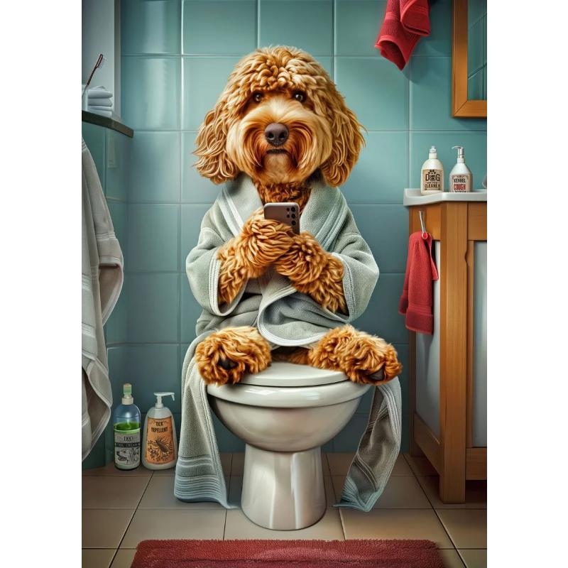Modern Lion Dog Highland Sitting On Toilet Reading Newspaper Poster Funny Animal Print Canvas Painting Bathroom Decor Picture