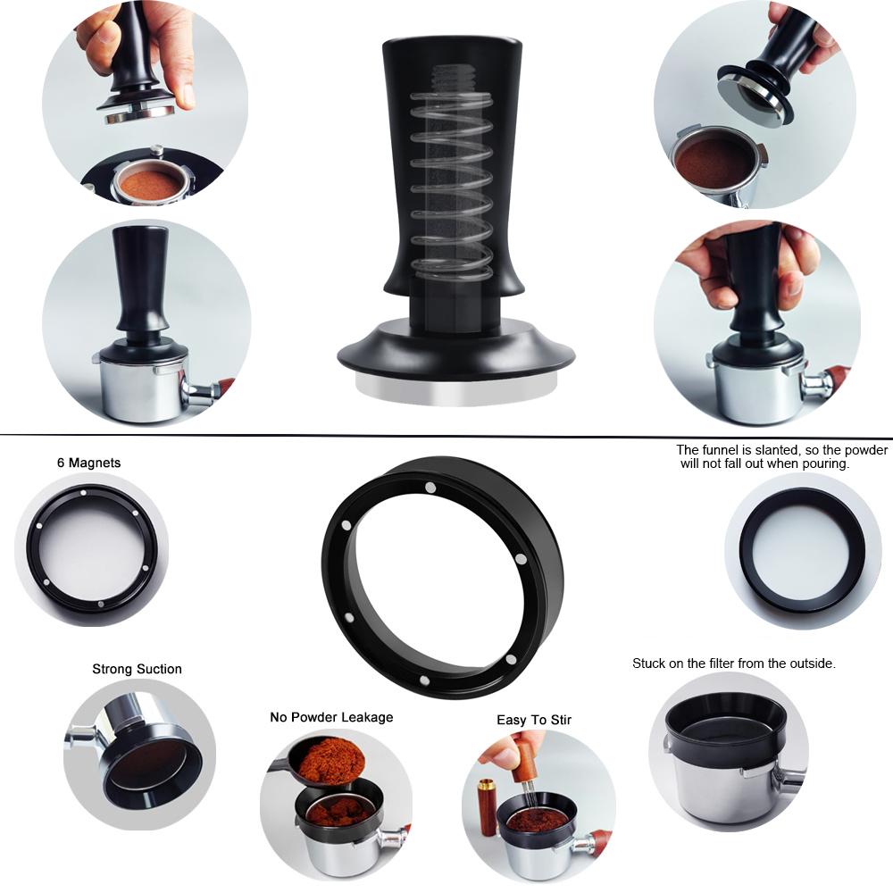 51/53/58mm Espresso Tamper, 5Pcs/Set Coffee Tampers Tools with WDT Stirrer Tool, Puck Screen, Dosing Funnel, Cleaning Brush