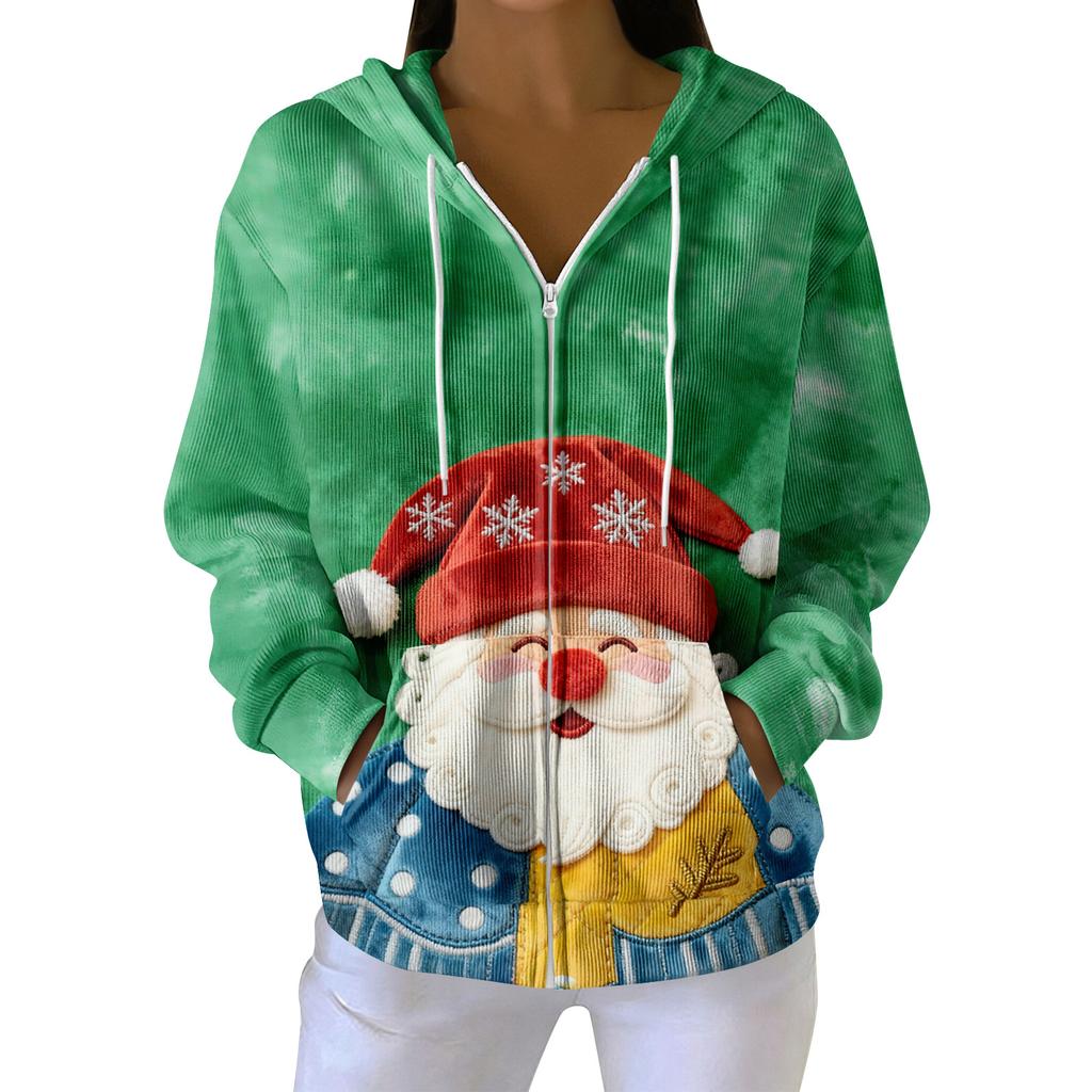 Dámská ležérní módní pletená mikina s kapucí na zip s dlouhým rukávem a vánočním potiskem