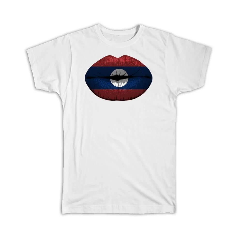 Gift T-Shirt : Lips Lao Flag Laos Expat Country For Her Women Feminine Lipstick 3XL