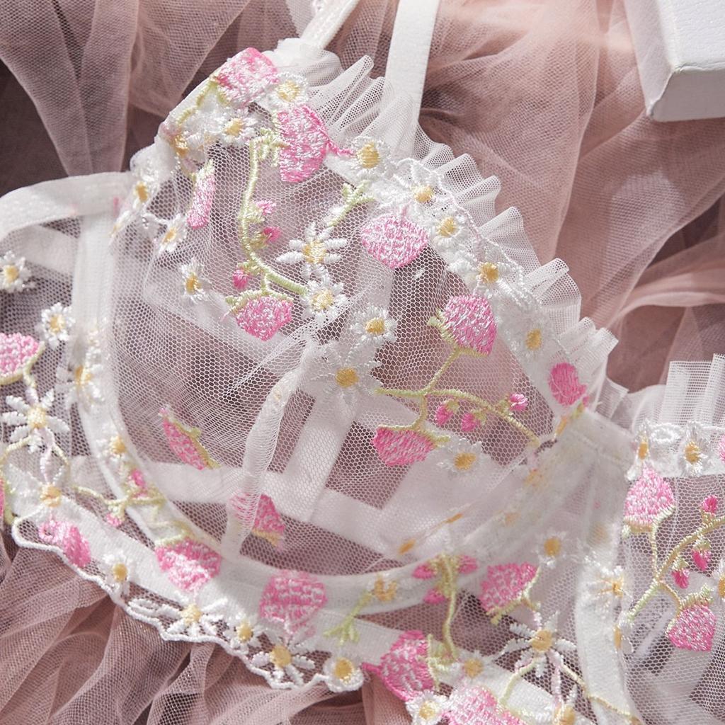 European and American Sexy bra set strawberry embroidery comfortable sex mesh women's sexy underwear steel ring set