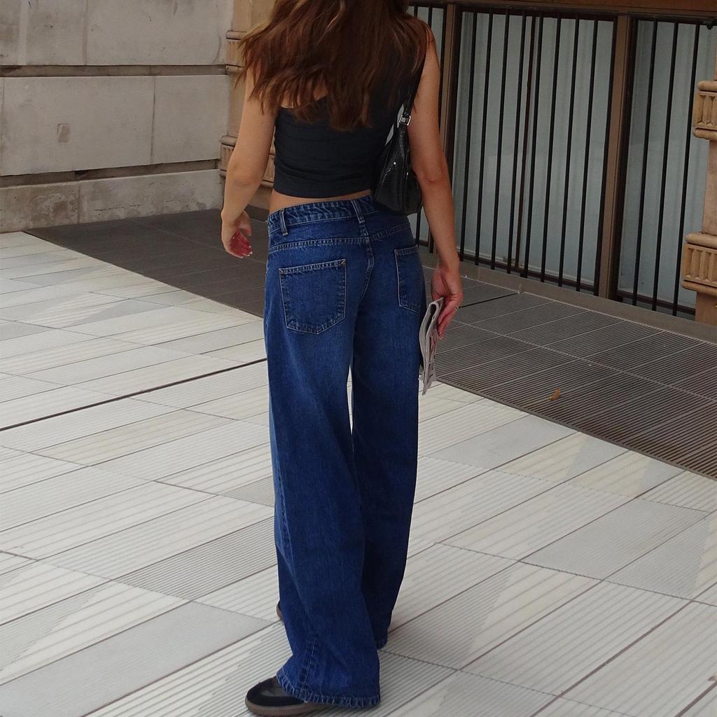 Women's Retro Low Waist Washed Straight Leg Jeans - Wide Leg Autumn Denim Pants