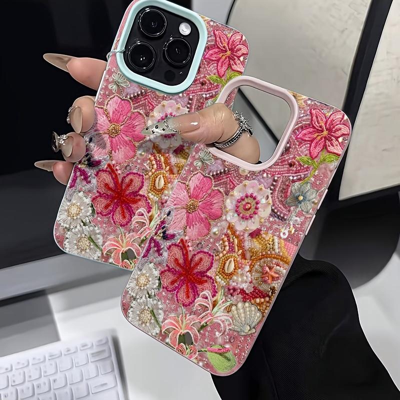 Phone Case For iPhone 17 Pro Max 16 13 14 12 11 15 8 7 Plus XS XR X 17E Air with Floral And Beaded Ocean Patchwork Design Cover