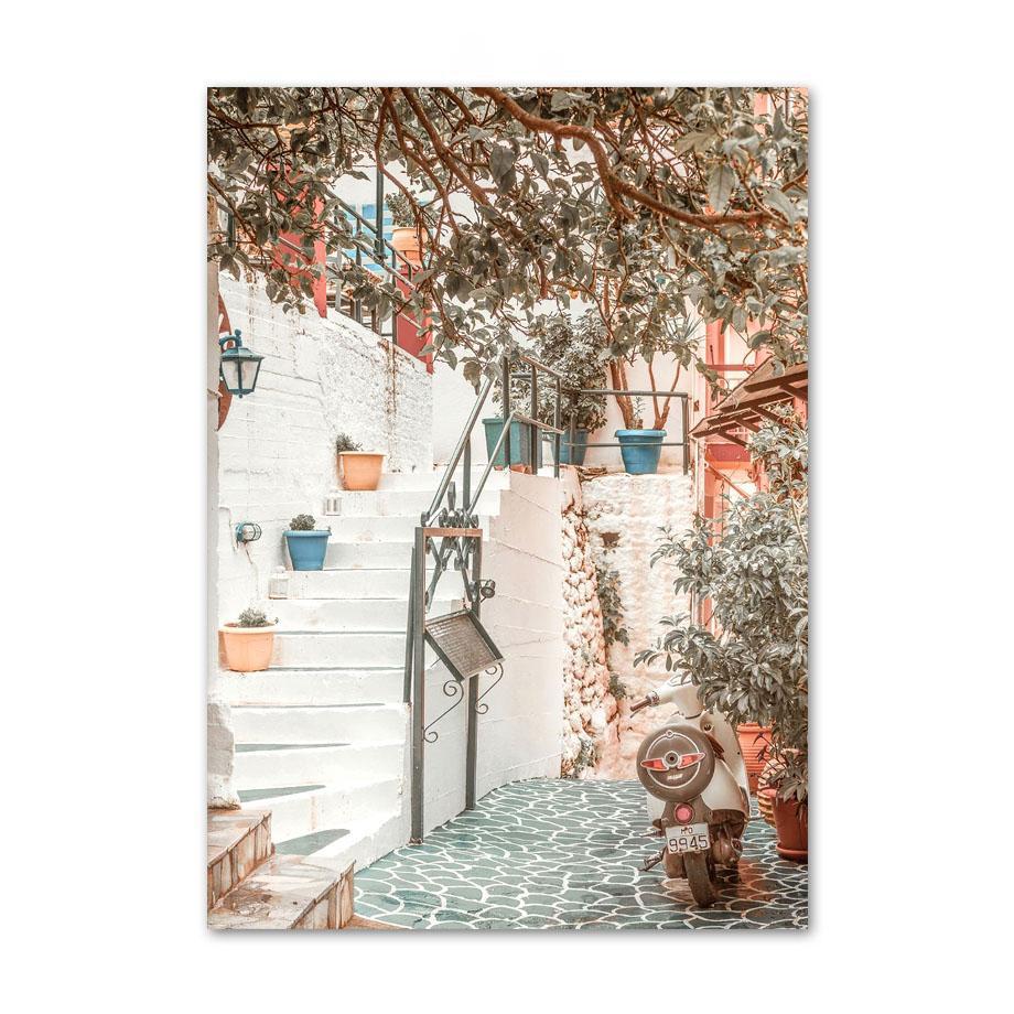 נוף ים כחול תכלת טירת סנטוריני אמנות קיר ציור קנבס פוסטרים והדפסים נורדיים תמונות קיר לעיצוב הסלון