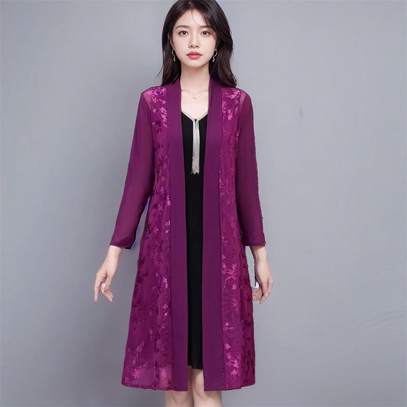 Eisseide-Jacquard-Sonnenschutzkleidung für Frühling und Sommer, Damen-Spitzenschal, mittellange Netz-Strickjacke, dünne Jacke