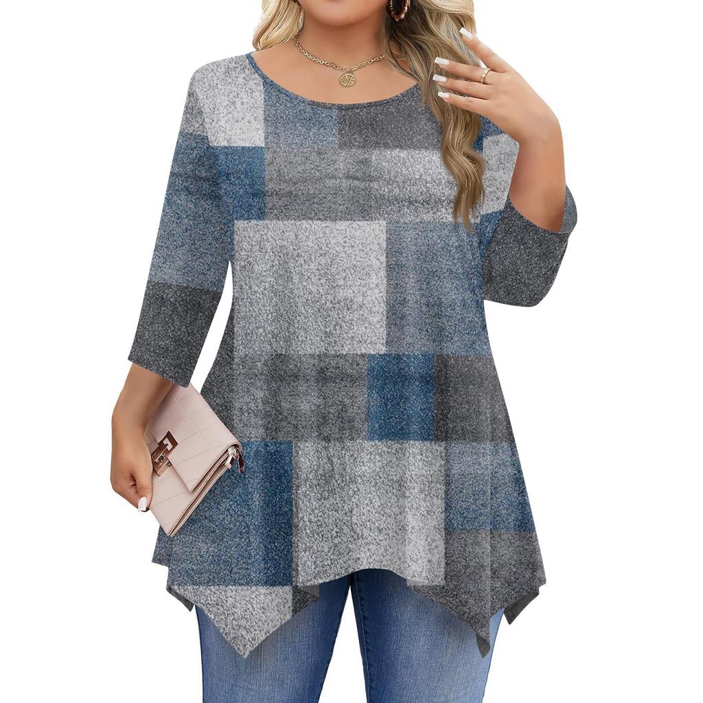 Womens Plus Size 3/4 Sleeve Shirts  Round Neck Tunic Tops Basic Loose Fit Tee Tops L-5XL