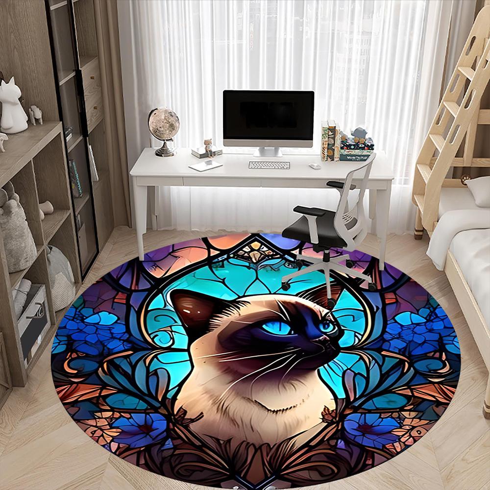 1pc StainedGlass Cat Office Round Area Rug, Under Office Chairs Bedroom Living Room Home Decor, Room Deco, Available in Various Sizes L1024338