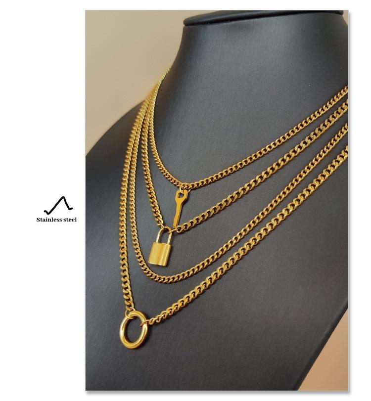 Women's Retro Multi-layer Necklace with Round Ring & Heart Lock Charm - Thick Clavicle Chain Accessory
