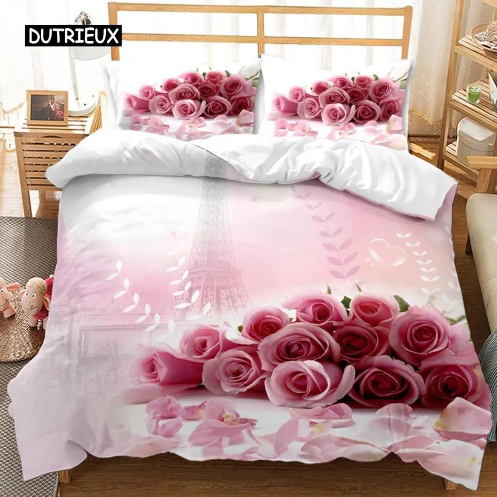 Rose Luxurious Pink Rose Pattern Bedding Set with Microfiber Material for Girls and Women