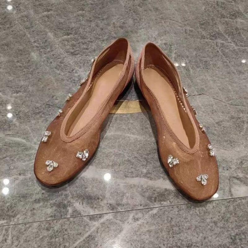 Mode Vintage Strass Vierkante Neus Lage Enkele Schoenen Dames Zomer 2025 Nieuw Niche Design Antislip Platte Ballerina's