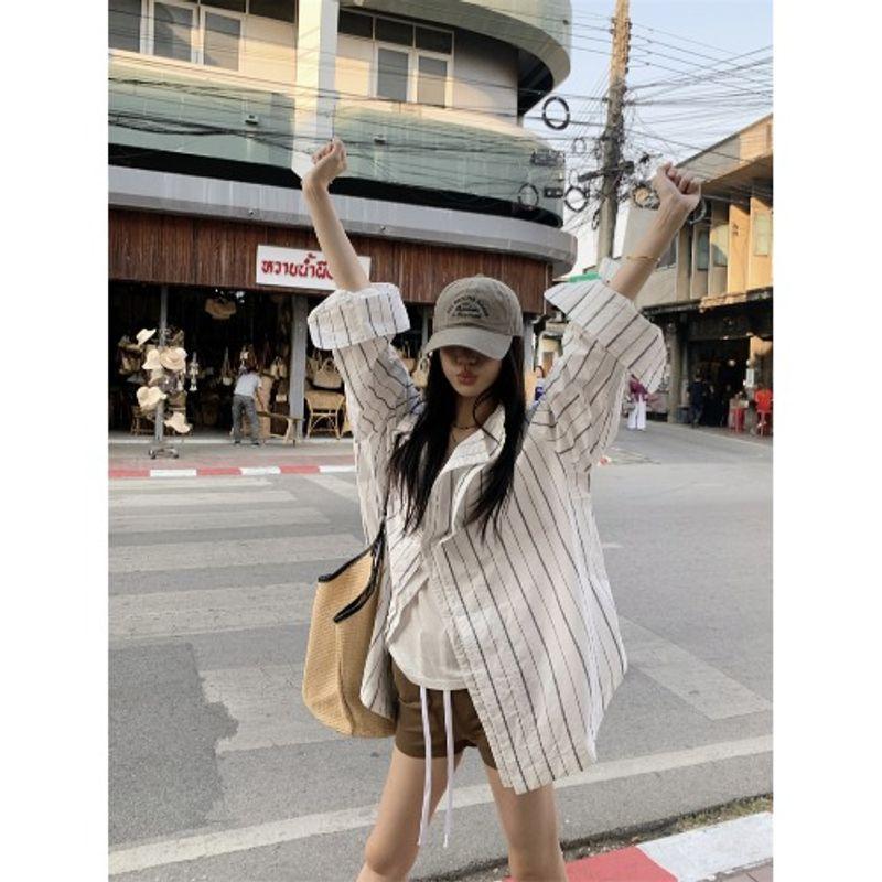 Kumikumi Idle Style Retro Vertical Stripes Loose Long Sleeves Shirt Women's Autumn Beautiful Temperament Wild Outerwear Top