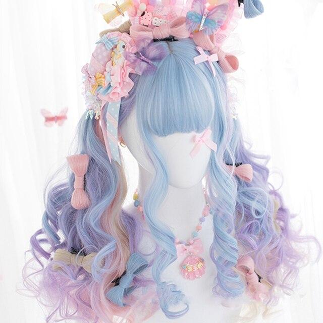 LUPU Lolita Wigs For Women Cosplay Pink Purple Blue White Colored  Long Natural Wave Synthetic Hair Cute Fashion Wig With Bangs