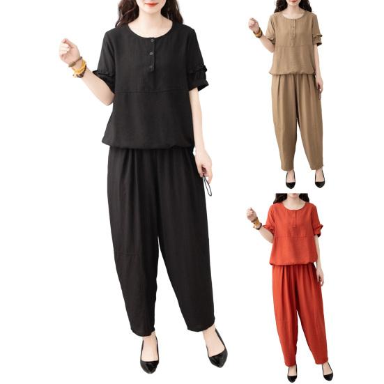 Women's Cotton Linen 2-Piece Outfit Casual Short Sleeve Crew Neck Top And Long Pants