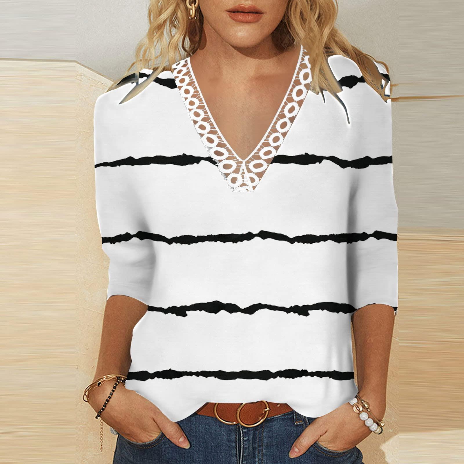 

Топы с кружевным воротником и вставками. Женские блузки. Женские повседневные топы. Рукав 3/4 с V-образным вырезом. Модные рубашки с принтом. Кружевные топы. Футболки. Пуловеры. Топы. L белый