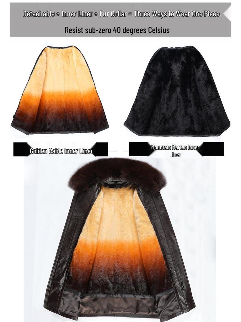 Men's Mid-Length Leather Coat with Fox Fur Collar and Detachable Rabbit Fur Liner – Thick, Warm, Plus Size Jacket for Mid-Aged and Elderly.