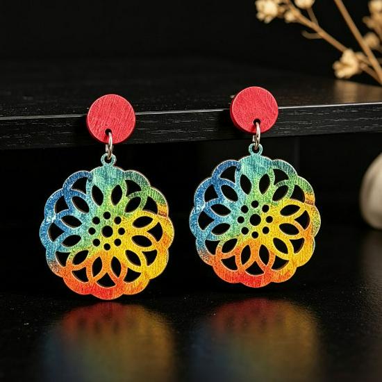 Colorful Hollow Wood Stud Earrings: European & American Fashion, Versatile & Trendy
