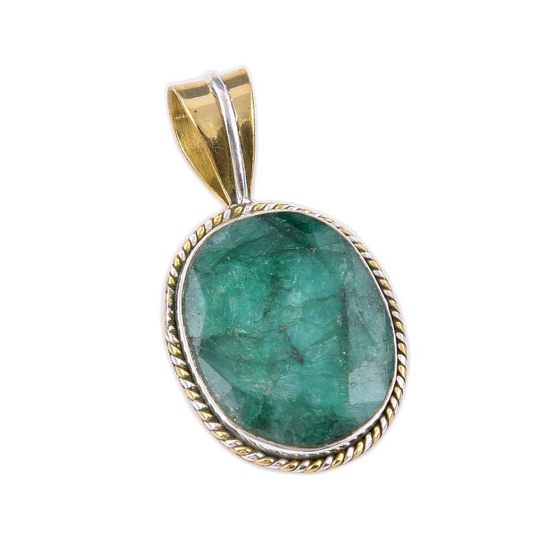 Emerald(Simulated) Handmade 925 Sterling Silver Gift Two Tone Pendant 1.50" L1P90