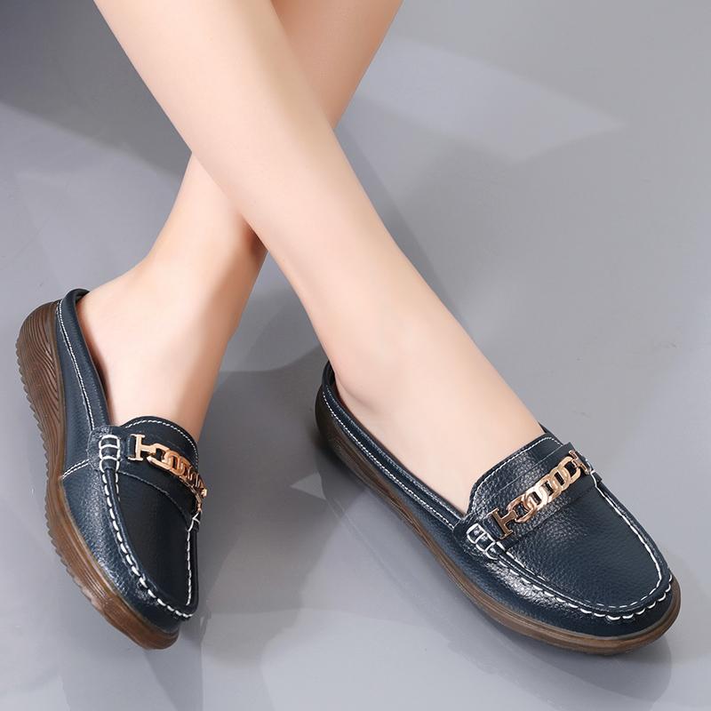 Genuine Leather Women Flat Heel Sandals Non-Slip Comfortable Soft PU Insole 2.5cm Heel Sizes 35-44 Beige Orange Black