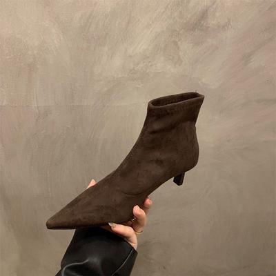 Thin Heel College Style Pointed Head Korean Short Boots Thin Boots Women's Suede Velvet Bare Boots Small Shoes High Heel Season