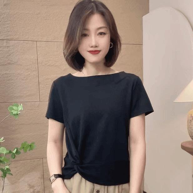 Sommer Damenbluse, Kurzärmelig, Plissiert, Einfarbig, Rundhals, All-Match Mode, Altersmilderndes All-Match T-Shirt für Damen