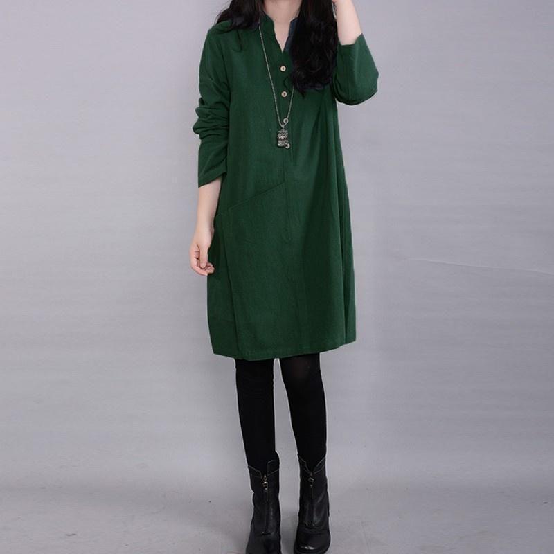 Timeless Vintage Women Long Sleeve Pullover V Neck Tunic Dress For Casual Elegance